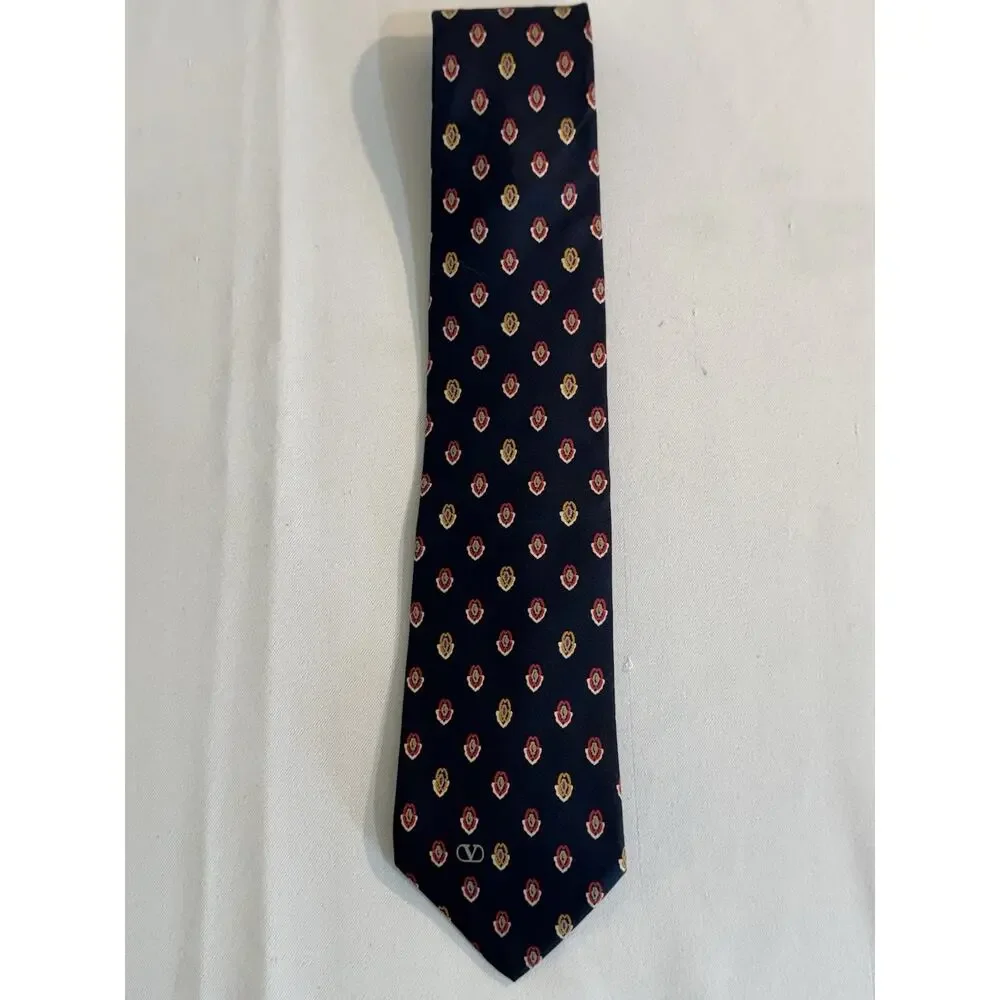Vintage Valentino Cravatte Silk Tie -Classic Navy Red & Gold Detail Quiet Luxury